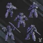 Five 3D printed white Megaladon Clan Warriors miniatures by Last Hope Miniatures, detailed models for tabletop gaming.