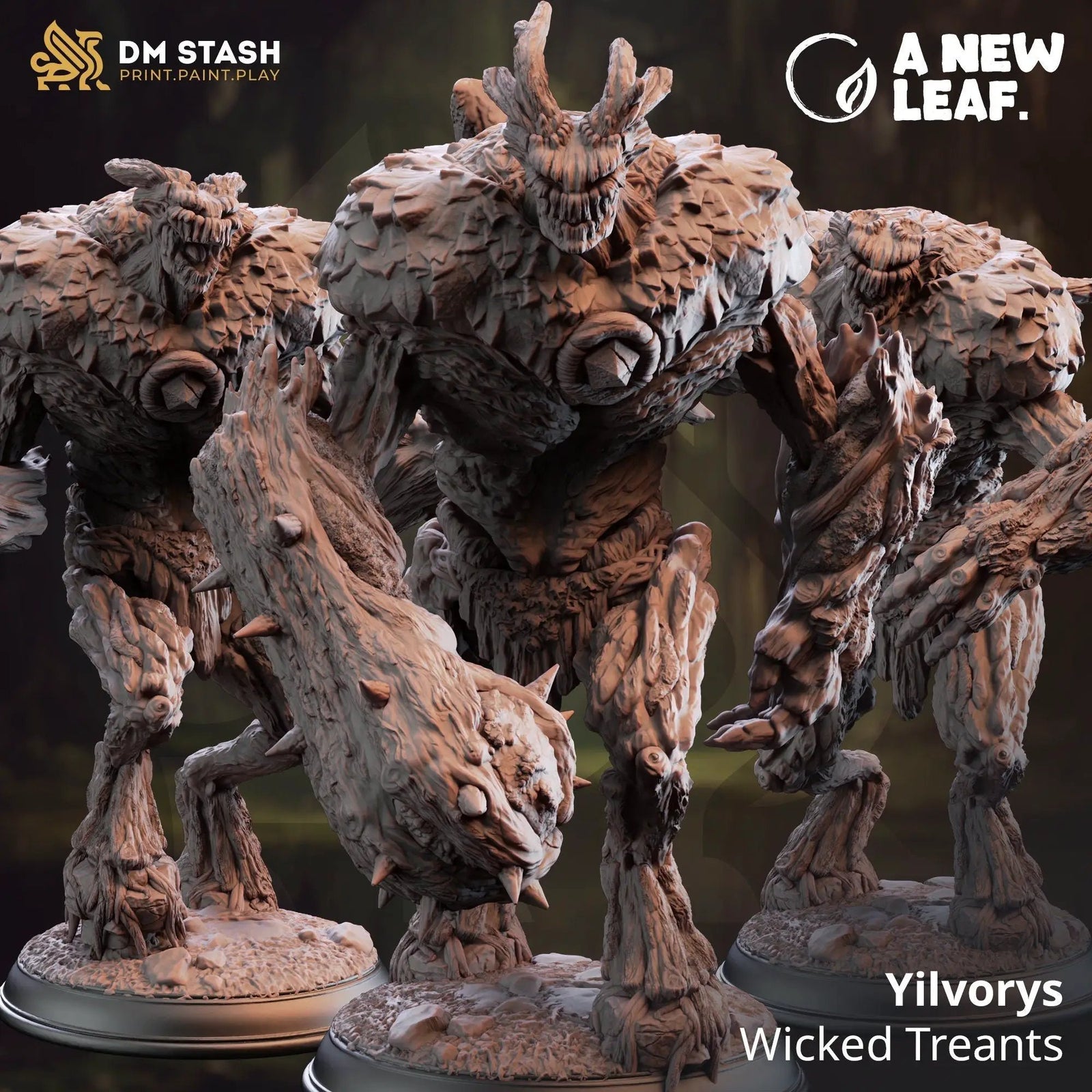 Three 3D printed Wicked Treants model figures by Last Hope Miniatures, featuring detailed tree-like creature designs.