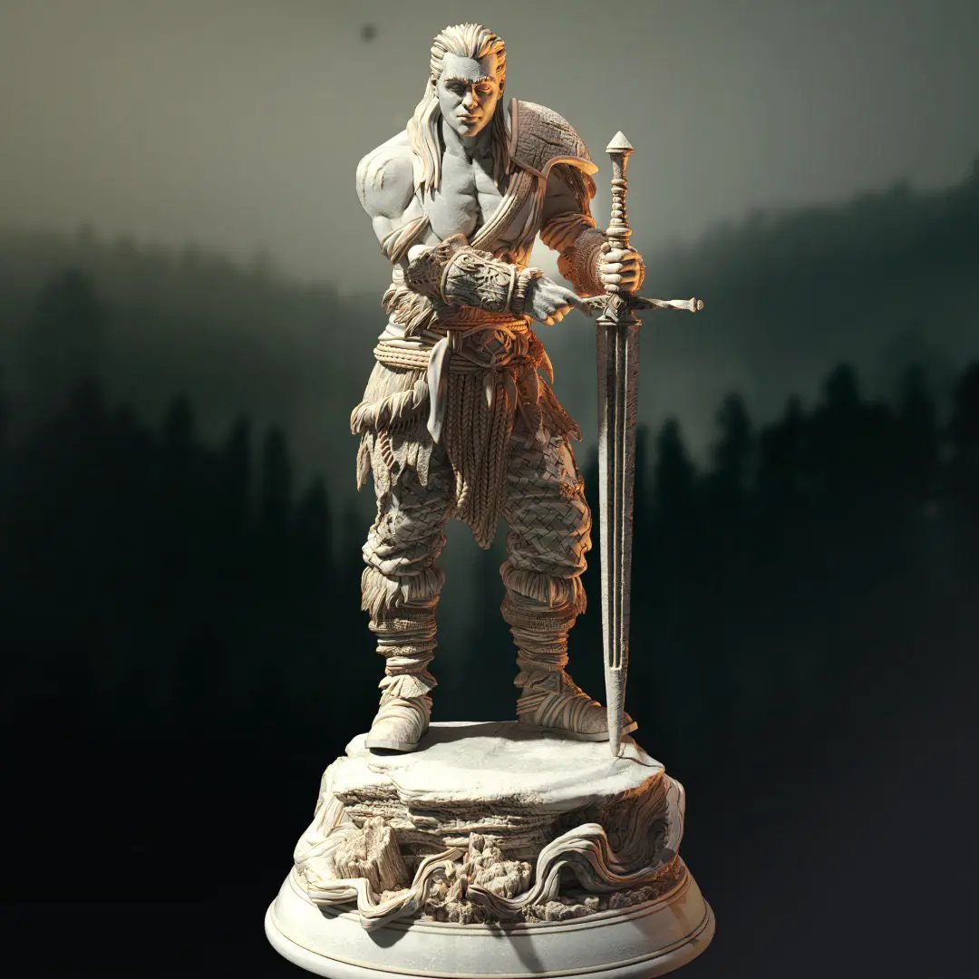 3D printed Wild Barbarian Fighter model by Last Hope Miniatures, detailed fantasy figure with rugged armor and fierce stance.