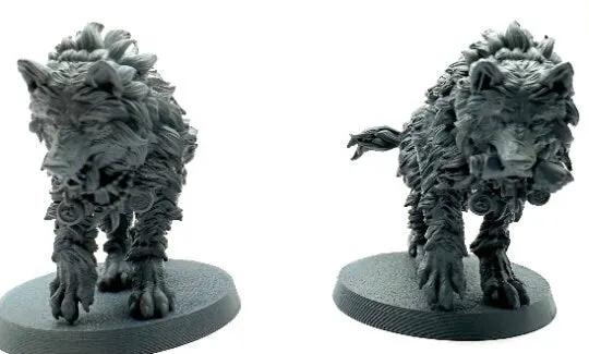 Two 3D printed wolf miniatures by 3DArtGuy for Last Hope Miniatures, detailed models with realistic wolf features.
