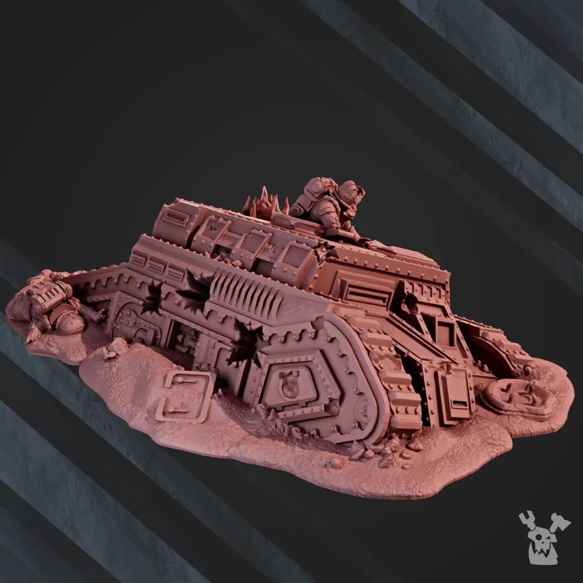 3D printed wrecked tank model by Last Hope Miniatures, detailed damaged tank from DakkaDakka Miniatures collection