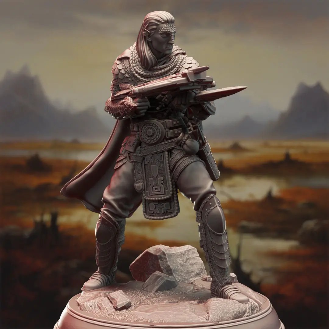 3D printed Yuan Ti Rogue Assassin model by Last Hope Miniatures, detailed fantasy creature with serpent features and intricate design.