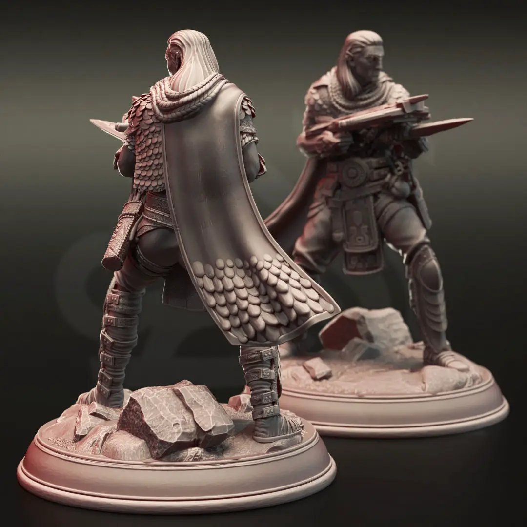 Detailed 3D printed Yuan Ti Rogue Assassin model by Last Hope Miniatures, featuring intricate snake-like scales and assassin pose.