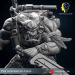 3D printed Ork Commando Slayer model by Meshbrain Labs Miniatures for Last Hope Miniatures, detailed orc figure on a stand.
