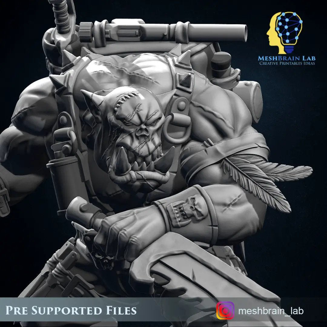 3D printed Ork Commando Slayer model by Meshbrain Labs Miniatures for Last Hope Miniatures, detailed orc figure on a stand.