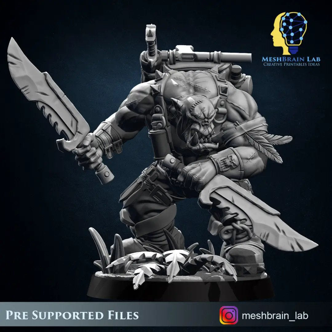 3D printed Ork Commando Slayer model by Meshbrain Labs Miniatures, detailed miniature figure for tabletop gaming and collection.