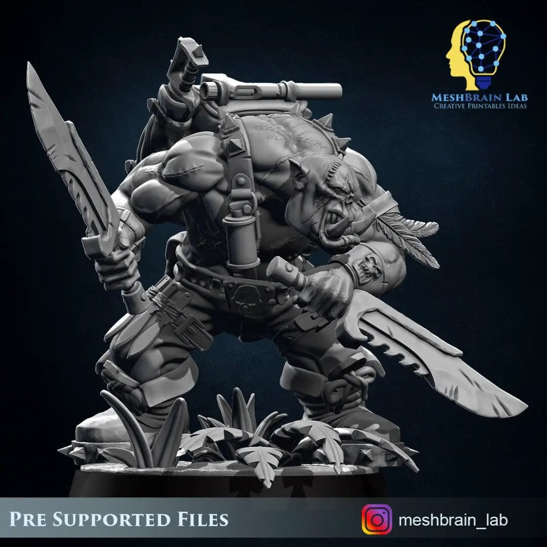 3D printed Ork Commando Slayer model by Meshbrain Labs Miniatures, detailed miniature figure in green with weapon, by Last Hope Miniatures