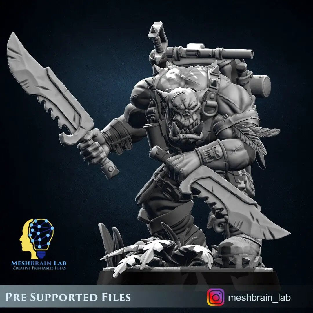 3D printed Ork Commando Slayer model by Meshbrain Labs for Last Hope Miniatures, featuring detailed green Ork figure with weapons.