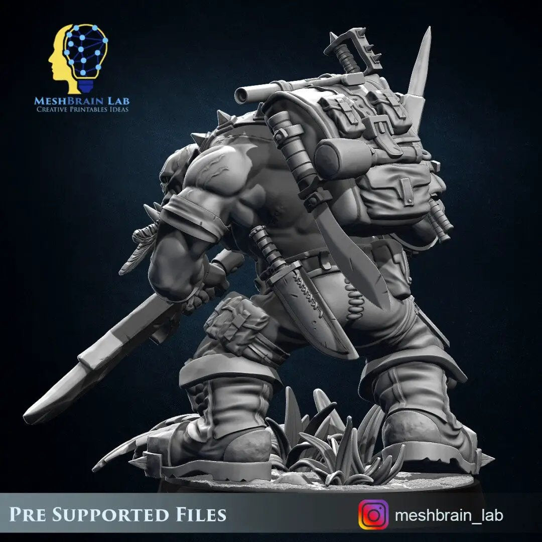 3D printed Ork Commando Slayer model by Meshbrain Labs Miniatures, detailed green miniature figure from Last Hope Miniatures collection