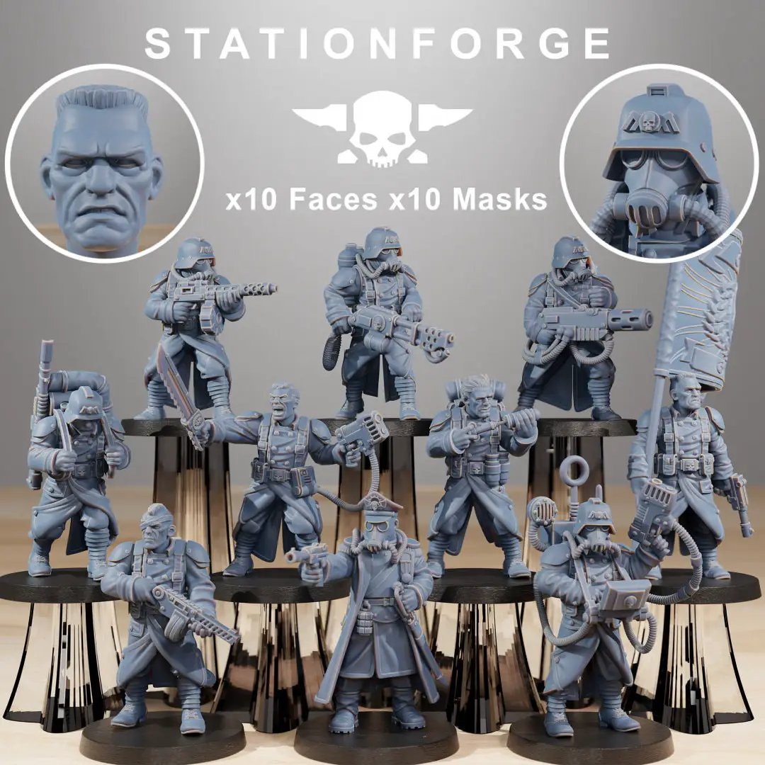 Set of 10 3D printed GrimGuard Combatants models by Last Hope Miniatures, showing detailed sci-fi miniatures in various poses.