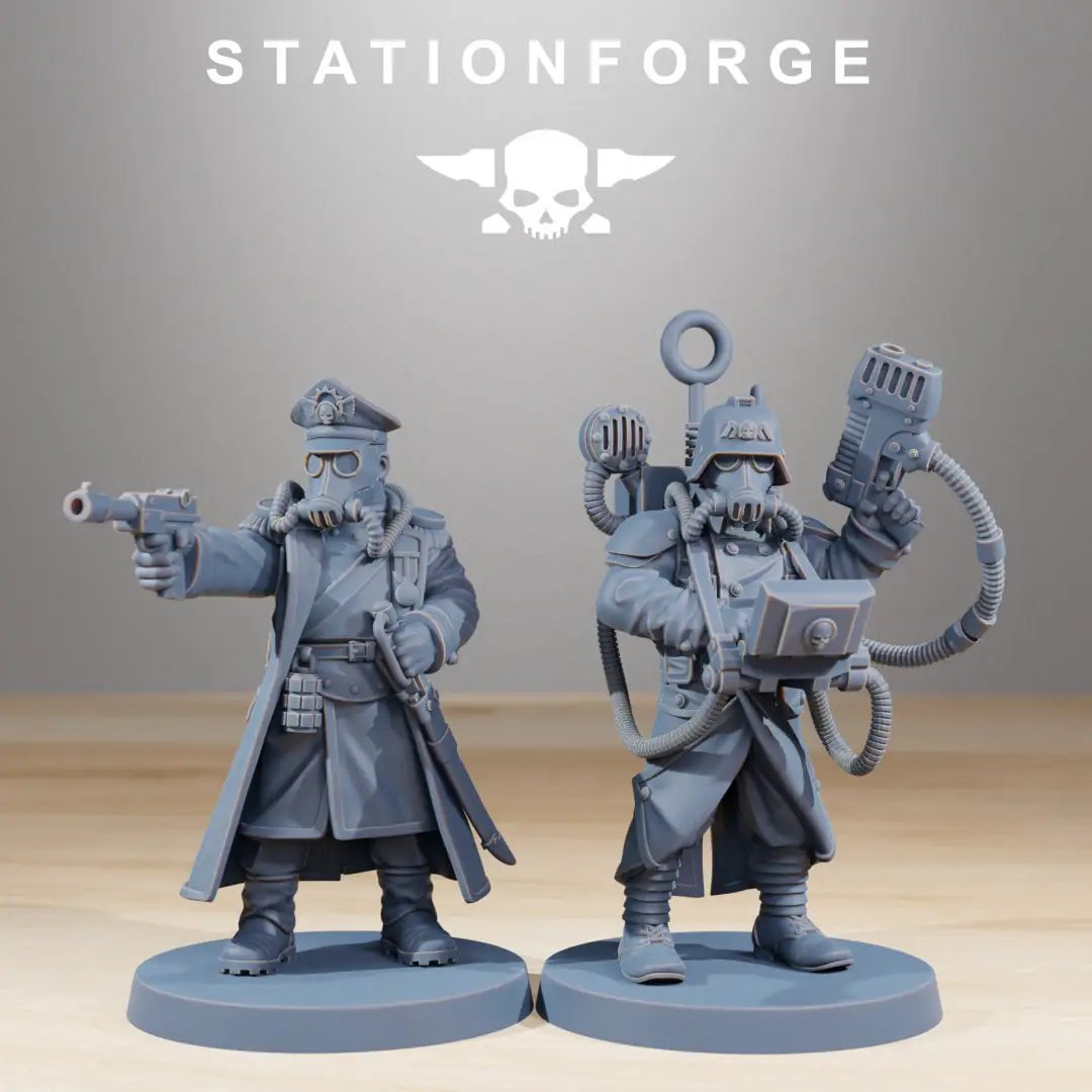 Set of 10 3D printed GrimGuard Combatants miniatures by Last Hope Miniatures for tabletop gaming, featuring armored warrior models.
