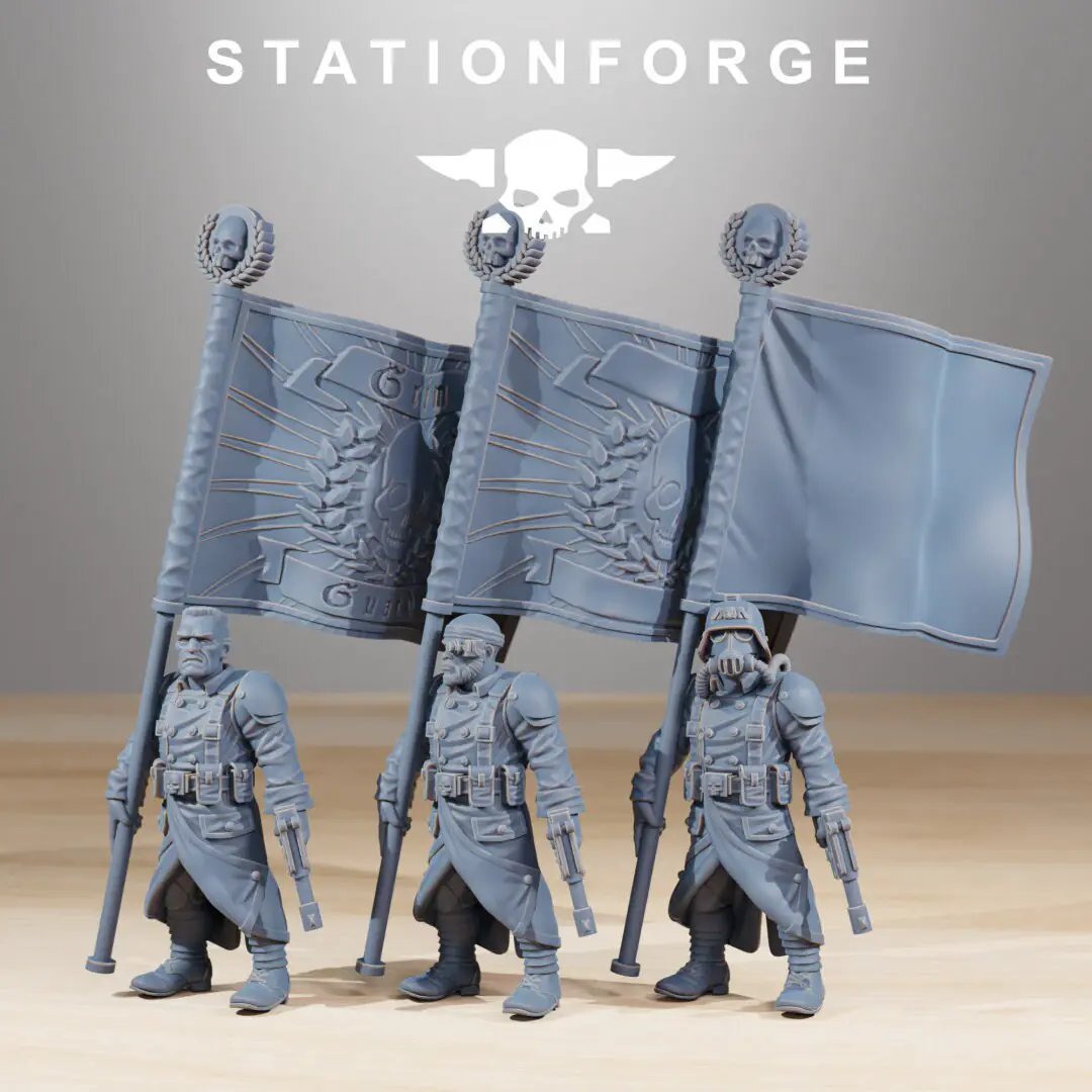 Set of 10 3D printed GrimGuard Combatants miniatures by Last Hope Miniatures, detailed models with armor and weapon details.