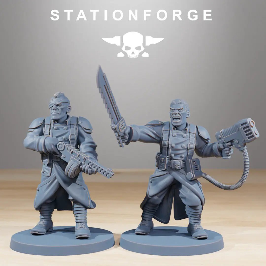 Three-dimensional printed GrimGuard Combatants miniatures by Last Hope Miniatures, featuring detailed models from StationForge Miniatures.
