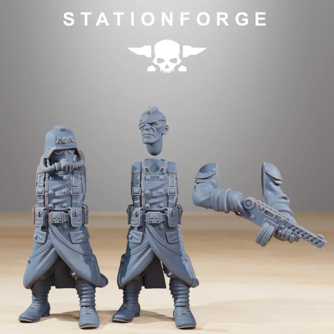 Ten 3D printed GrimGuard Combatants models by Last Hope Miniatures, featuring detailed sci-fi soldier figures for tabletop gaming.