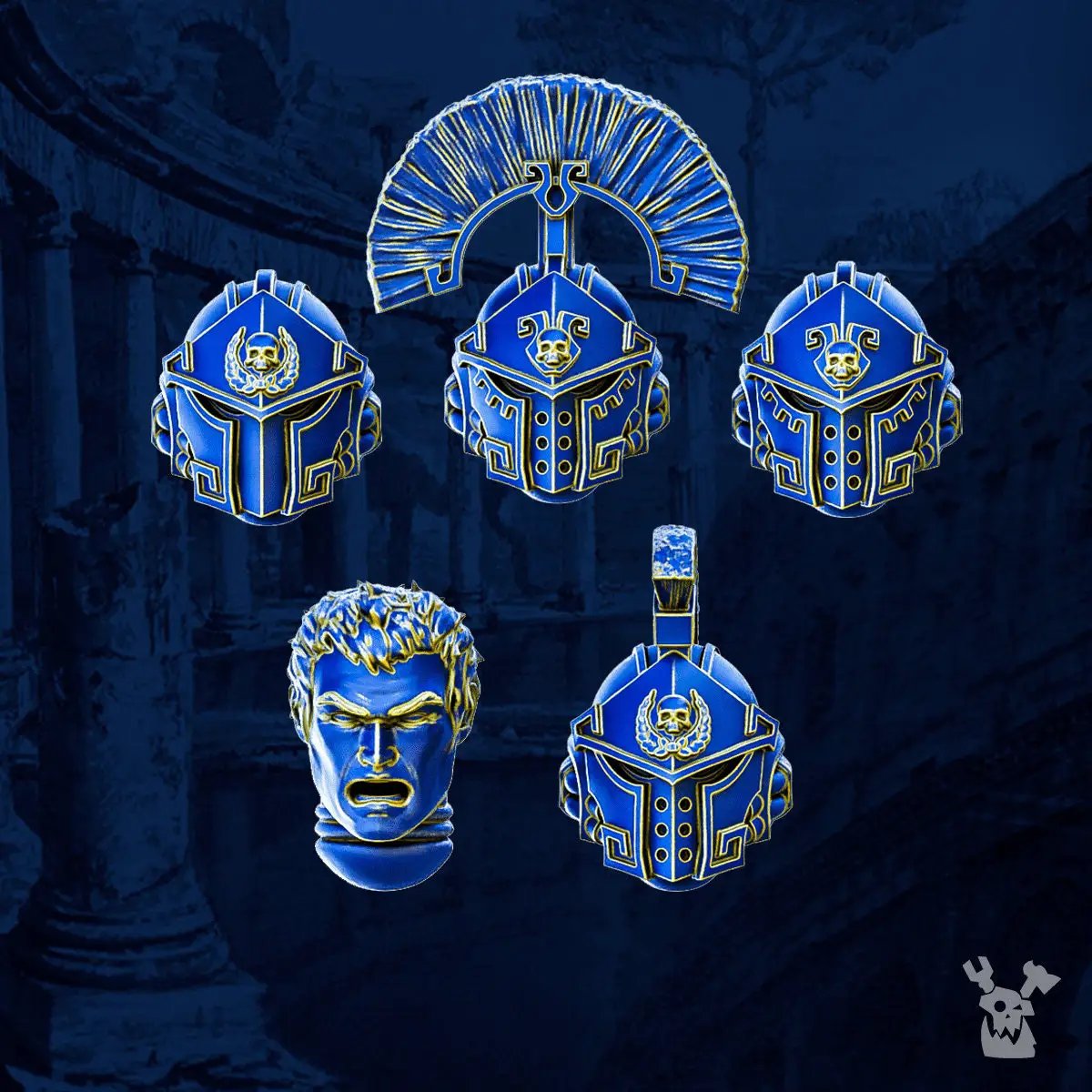 Set of 10 3D printed Princeps helmets by Last Hope Miniatures, detailed model heads for tabletop gaming.