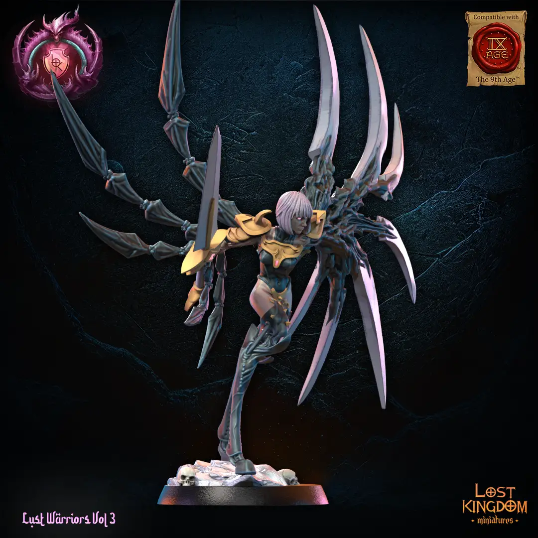3D printed Claire model from Lost Kingdom Miniatures, detailed claymore-wielding figure by Last Hope Miniatures.