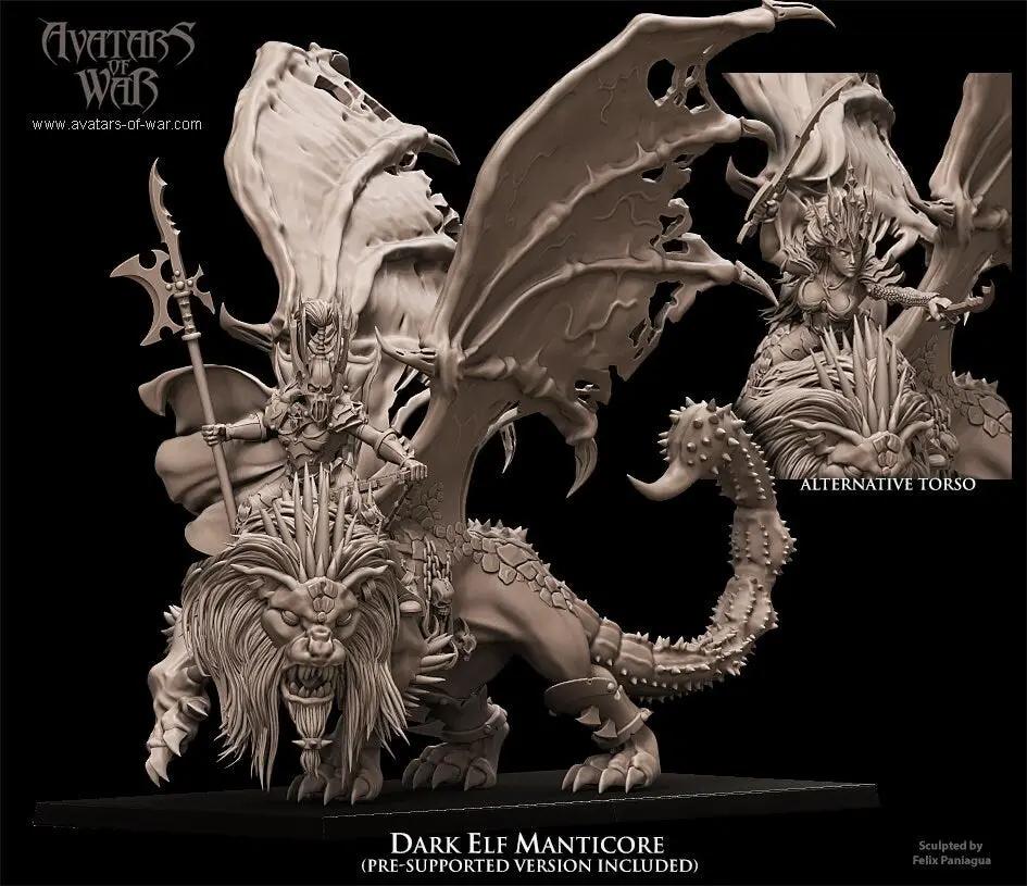 3D printed Dark Elf Manticore model by Avatars of War, detailed fantasy creature miniature from Last Hope Miniatures.