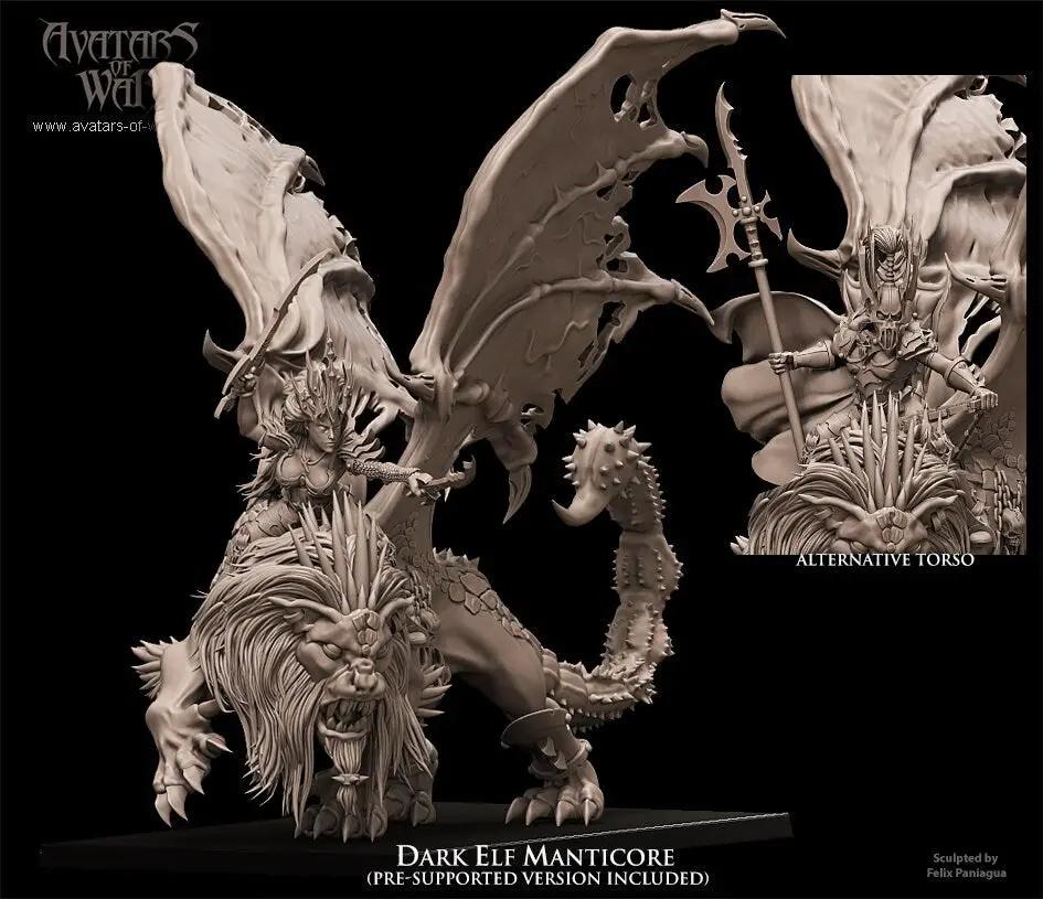 3D printed Dark Elf Manticore model by Avatars of War, detailed fantasy creature miniature from Last Hope Miniatures.