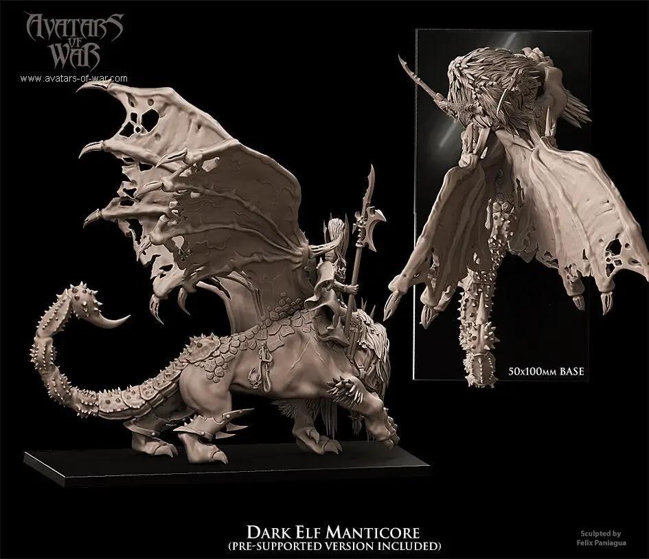 3D printed Dark Elf Manticore model by Avatars of War, detailed fantasy creature for tabletop gaming, from Last Hope Miniatures.
