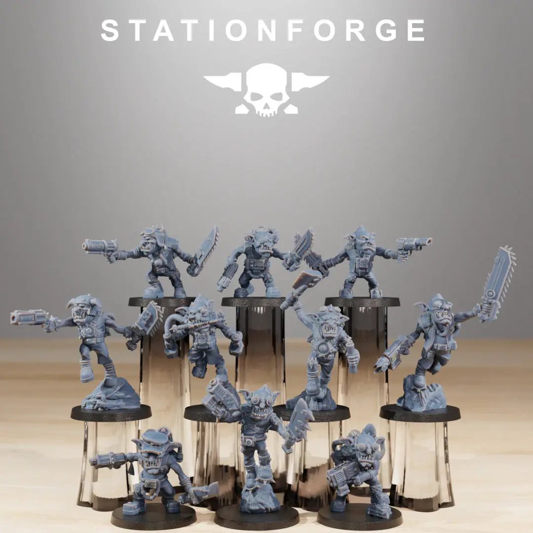 Ten 3D printed Gobs Jesters models by Last Hope Miniatures for StationForge Miniatures, featuring colorful, detailed fantasy character designs.