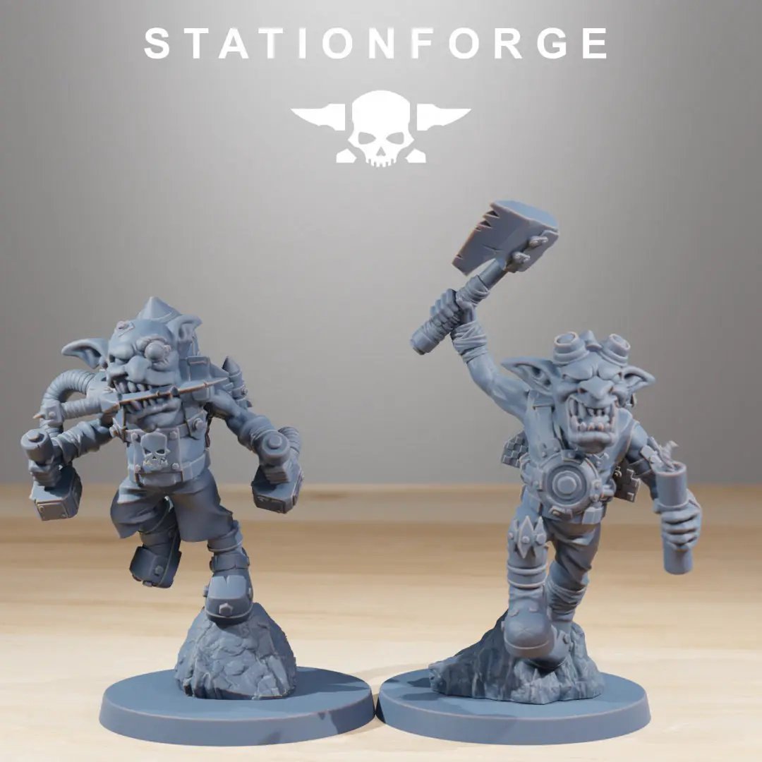 10 3D printed Gobs Jesters miniatures by StationForge for Last Hope Miniatures, showing detailed clown-like models on a white background.