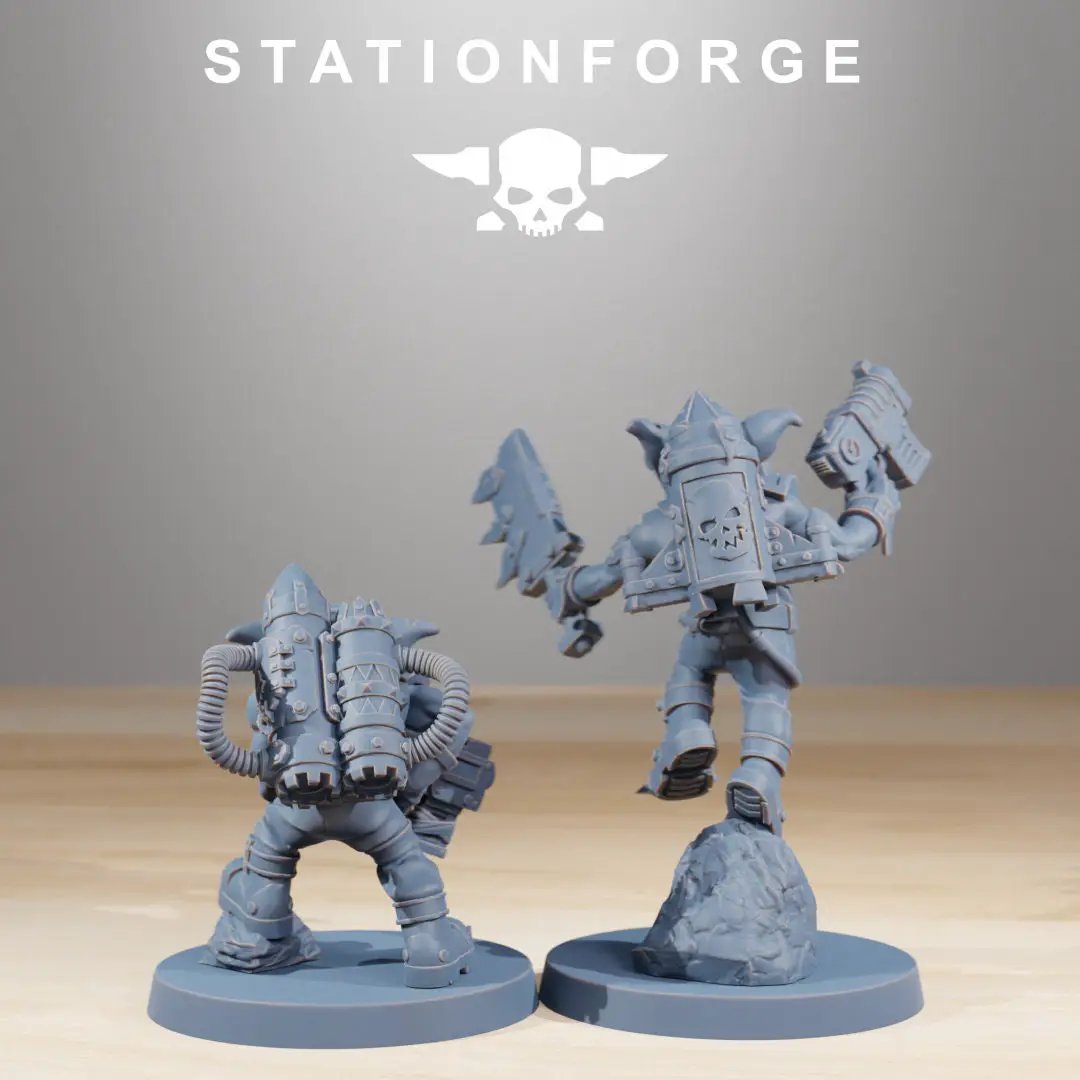 Ten 3D printed Gobs Jesters miniatures by StationForge for Last Hope Miniatures, detailed models with colorful jester designs.