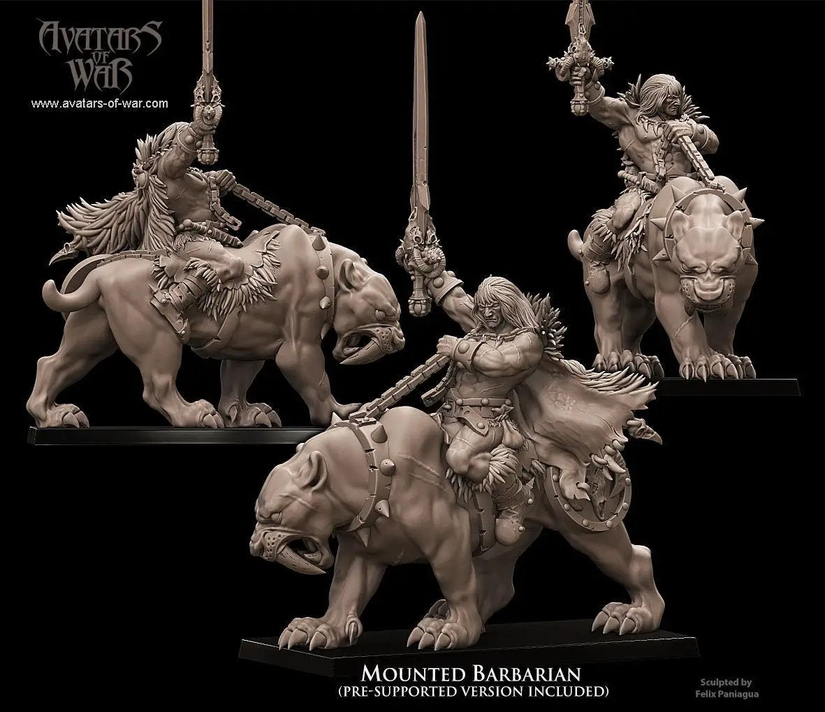 3D printed Barbarian Manhunter with Sabertooth model by Avatars of War, detailed miniature from Last Hope Miniatures.