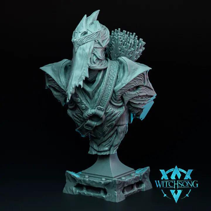 3D printed faceless hunter model by Witchsong Miniatures for Last Hope Miniatures, detailed miniature figure on a display base.