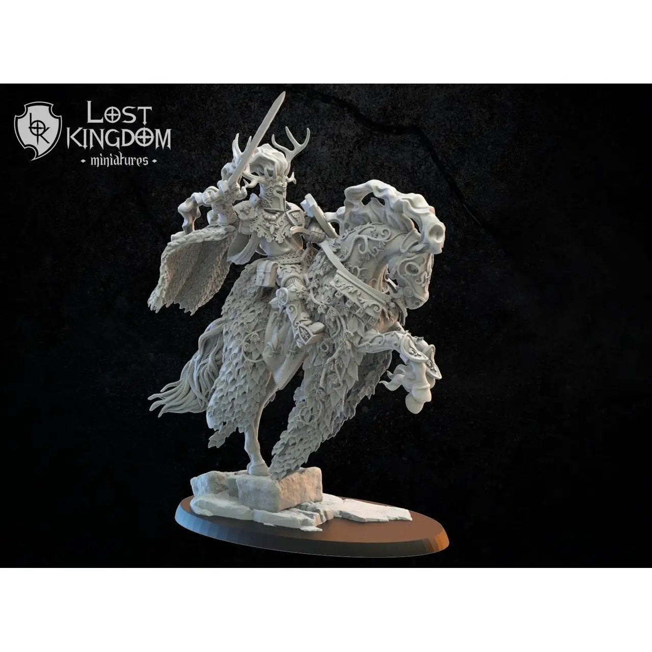 3D printed Medraut, the Knight's Shadow model by Lost Kingdom Miniatures, featuring detailed knight figure on a display base.