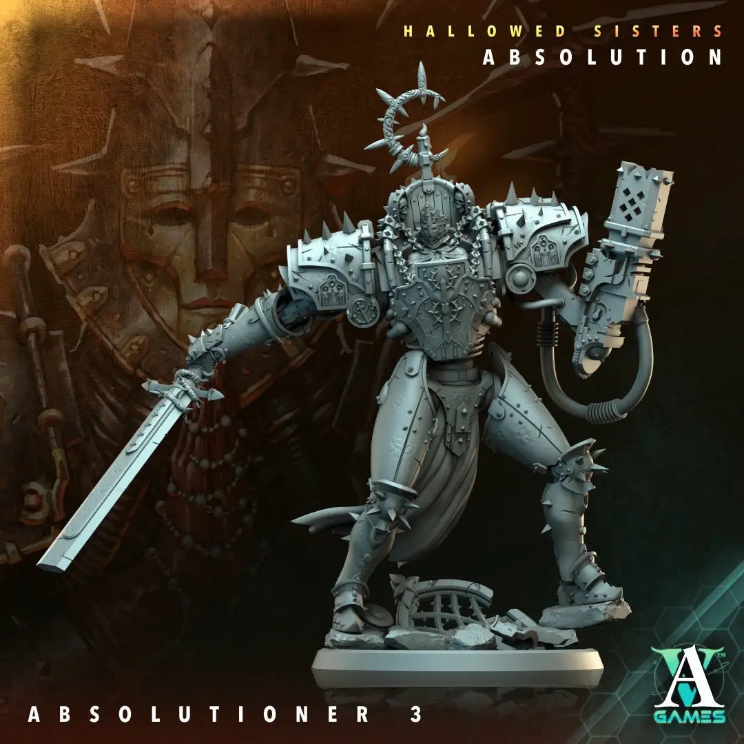 3D printed Absolutioner model by Last Hope Miniatures for Archvillain Games, detailed miniature with intricate armor and weaponry.