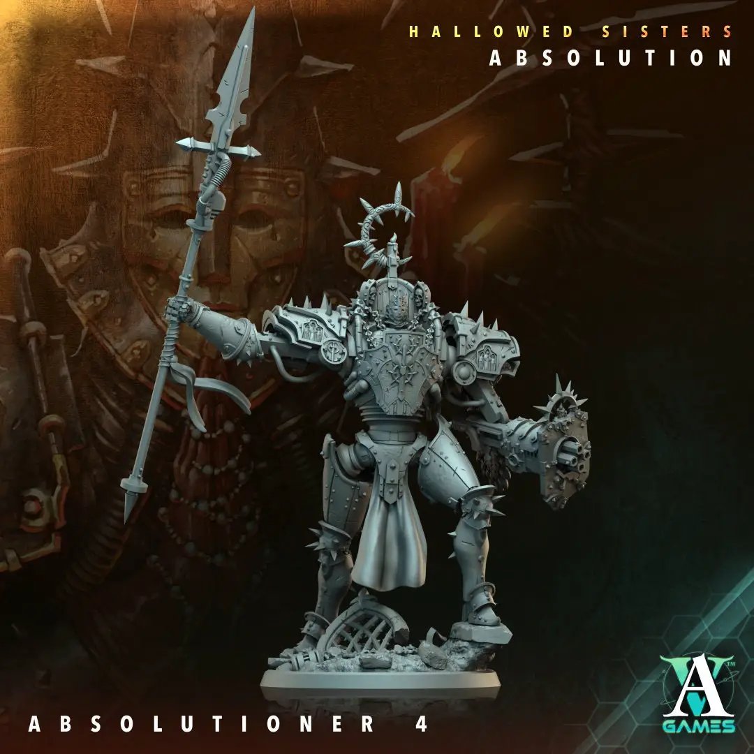 3D printed Absolutioner model by Last Hope Miniatures for Archvillain Games, detailed fantasy miniature figure on a display stand.