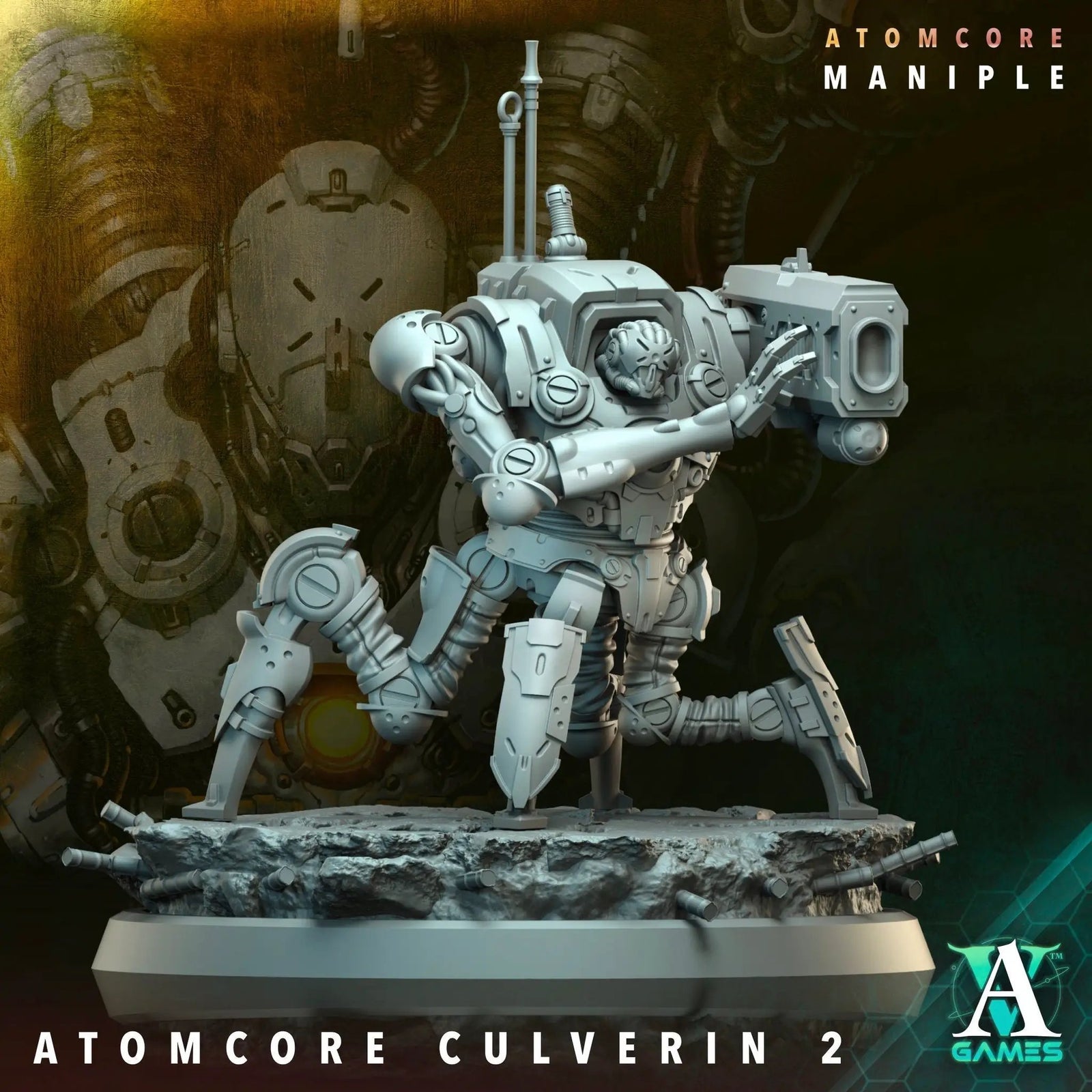 3D printed Atomcore Culverin model by Last Hope Miniatures, detailed sci-fi artillery piece from Archvillain Games.