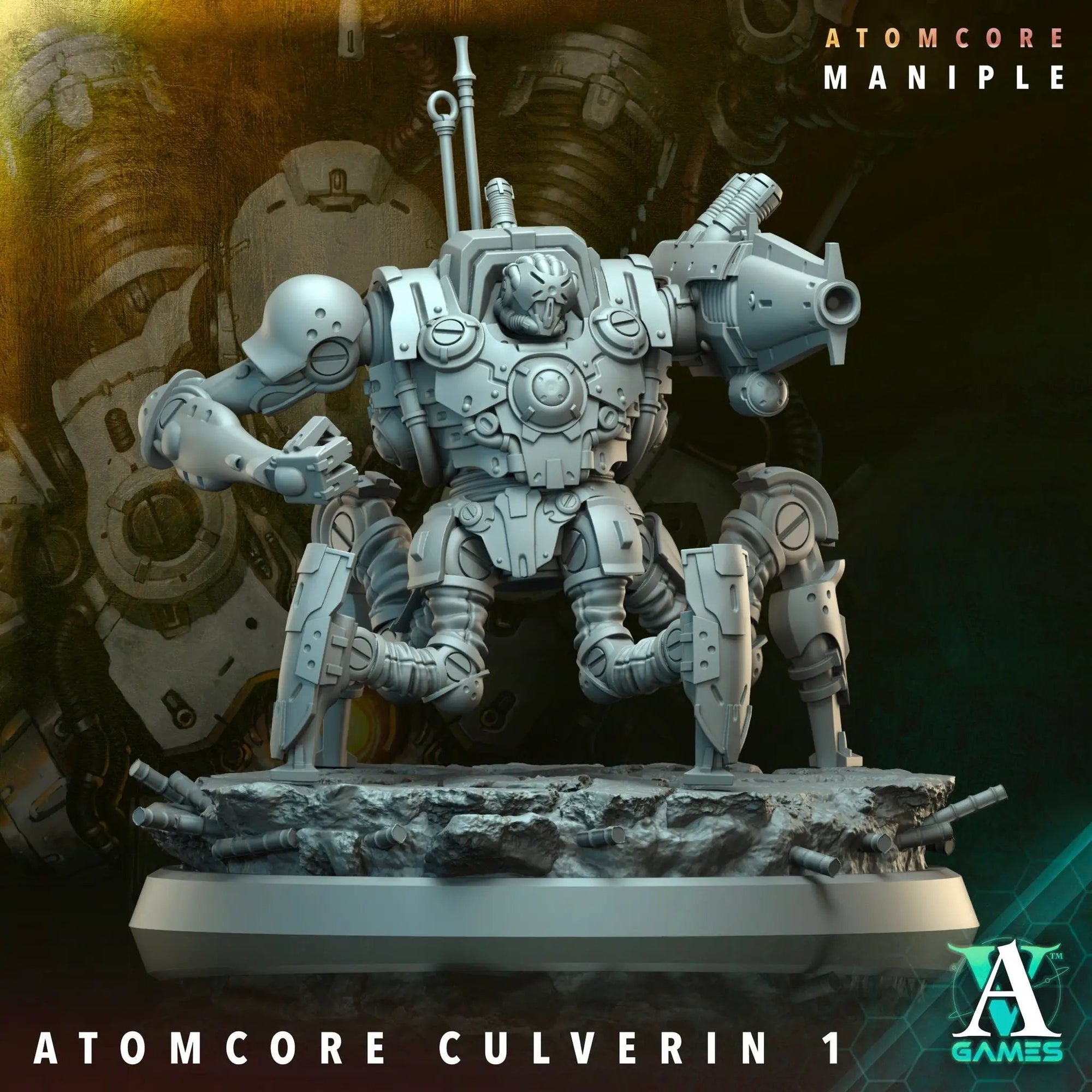 3D printed Atomcore Culverin model by Last Hope Miniatures, detailed sci-fi weapon with intricate design and metallic finish.