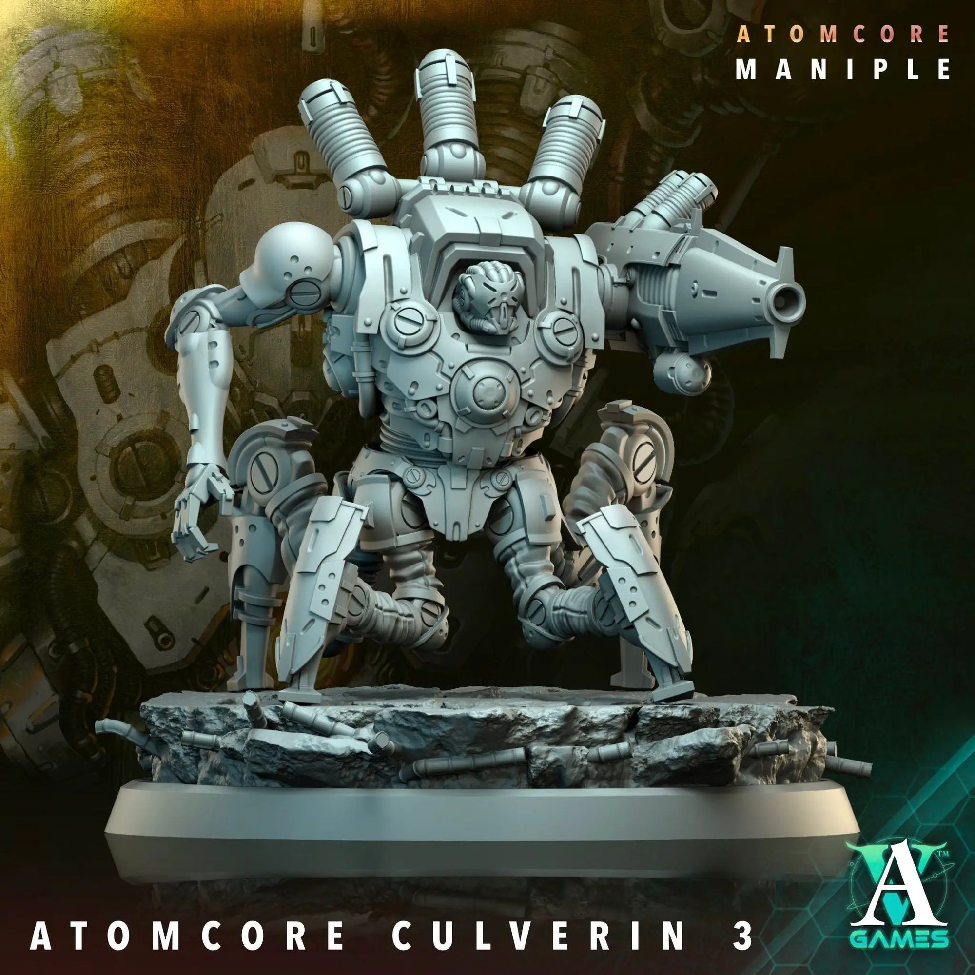 3D printed Atomcore Culverin model by Last Hope Miniatures, detailed sci-fi weapon for tabletop gaming, designed by Archvillain Games.