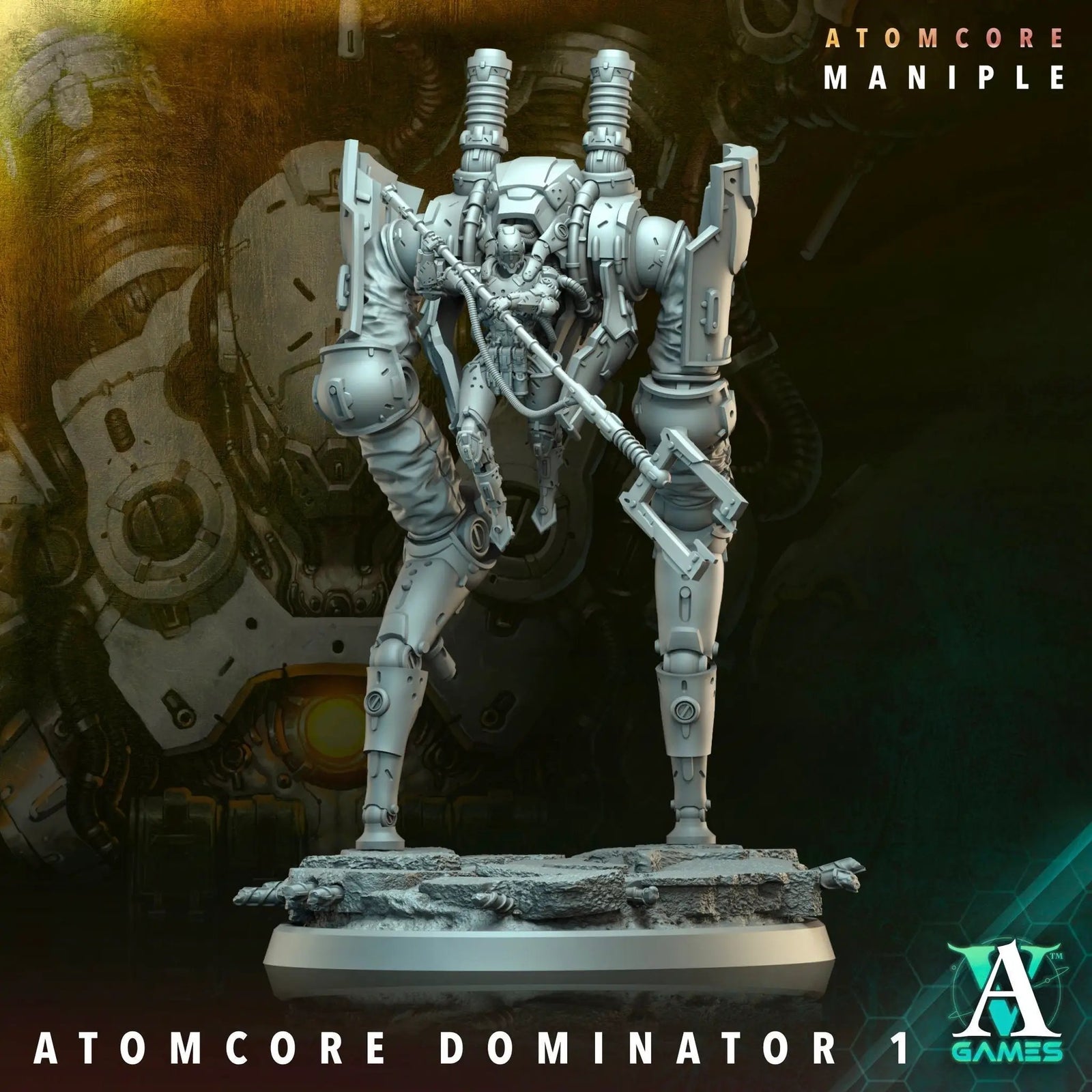 3D printed Atomcore Dominator model by Last Hope Miniatures, featuring detailed sci-fi design and intricate mechanical elements.