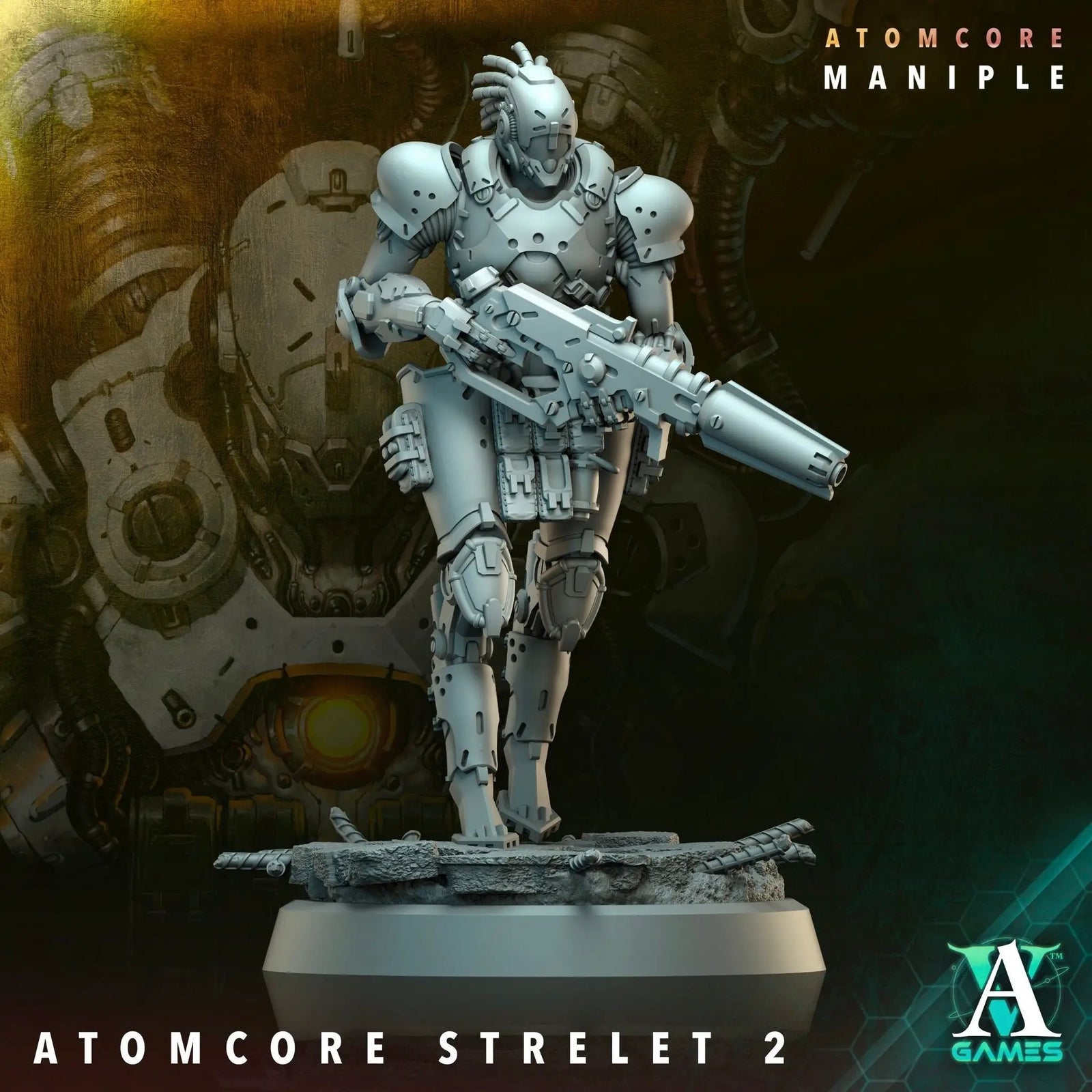 3D printed Atomcore Strelet model by Last Hope Miniatures for Archvillain Games, featuring detailed sci-fi soldier design.