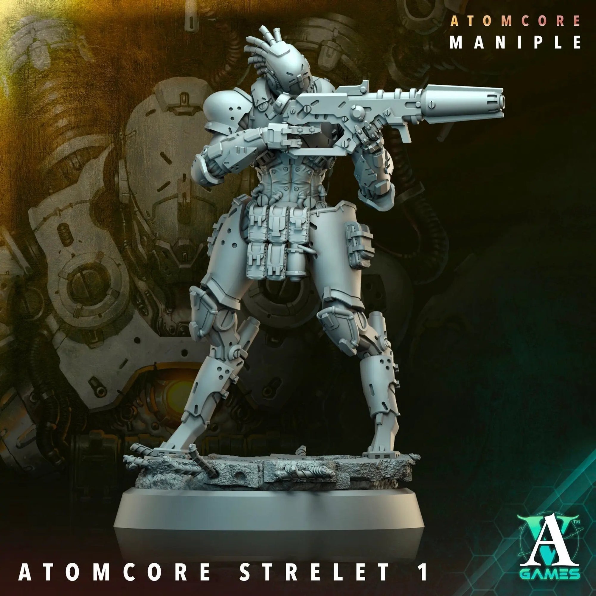 3D printed Atomcore Strelet model by Last Hope Miniatures for Archvillain Games, detailed sci-fi miniature on a display base.
