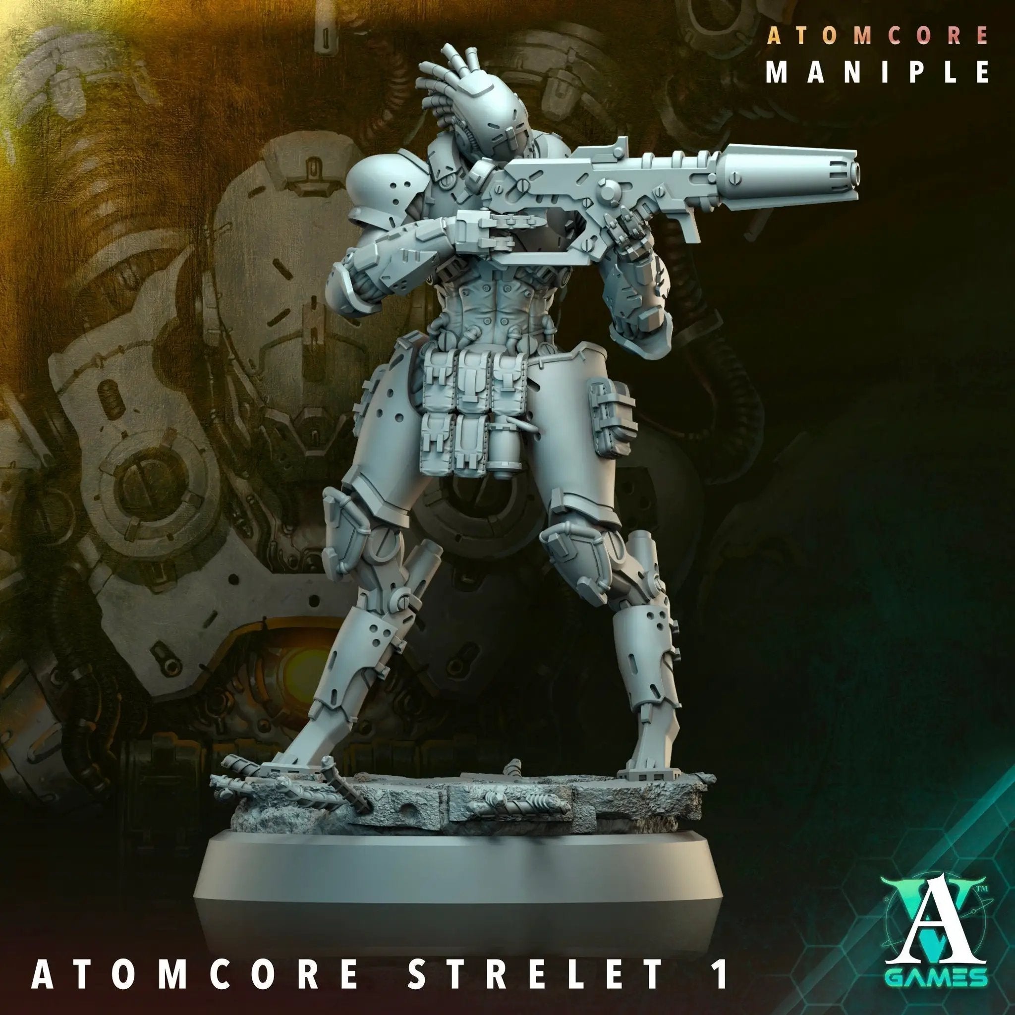 3D printed Atomcore Strelet model by Last Hope Miniatures for Archvillain Games, detailed sci-fi miniature on a display base.