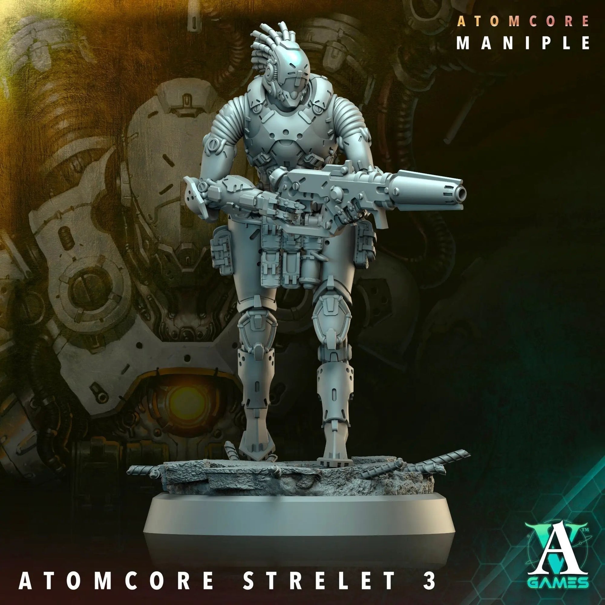 3D printed Atomcore Strelet model by Last Hope Miniatures for Archvillain Games, showcasing intricate sci-fi character details.