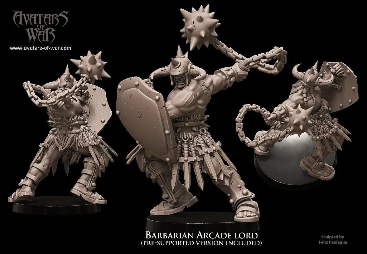 3D printed Barbarian Arcade Lord model by Avatars of War, detailed miniature with armor and weapon, by Last Hope Miniatures.