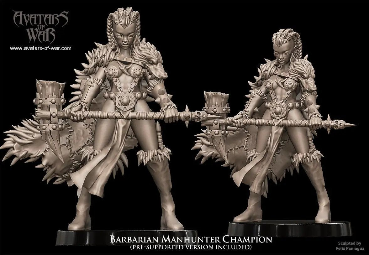 3D printed Barbarian Manhunter Champion model by Avatars of War, detailed miniature figure on a neutral background.