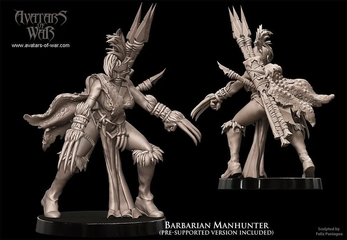 3D printed Barbarian Manhunter Champion model by Avatars of War, detailed miniature with fierce warrior features, from Last Hope Miniatures.