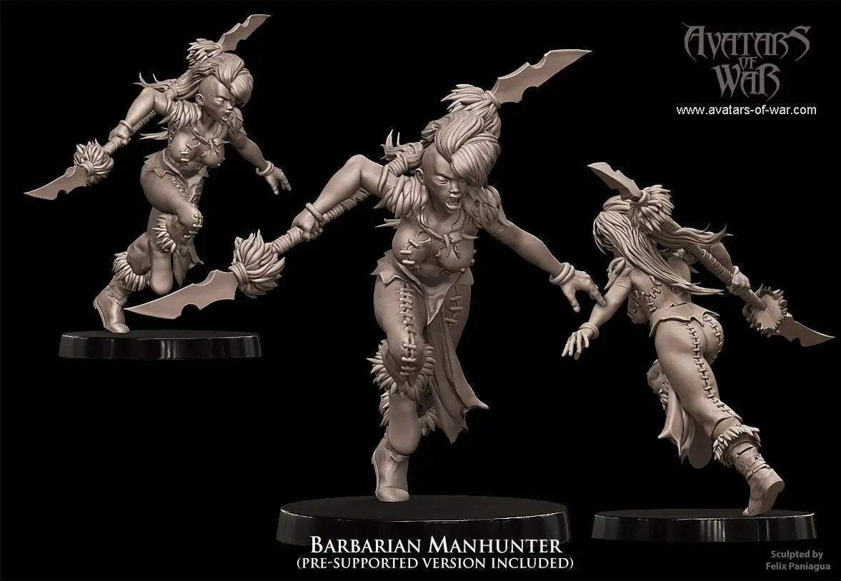 3D printed Barbarian Manhunter Champion model by Last Hope Miniatures, featuring detailed warrior armor and fierce stance.