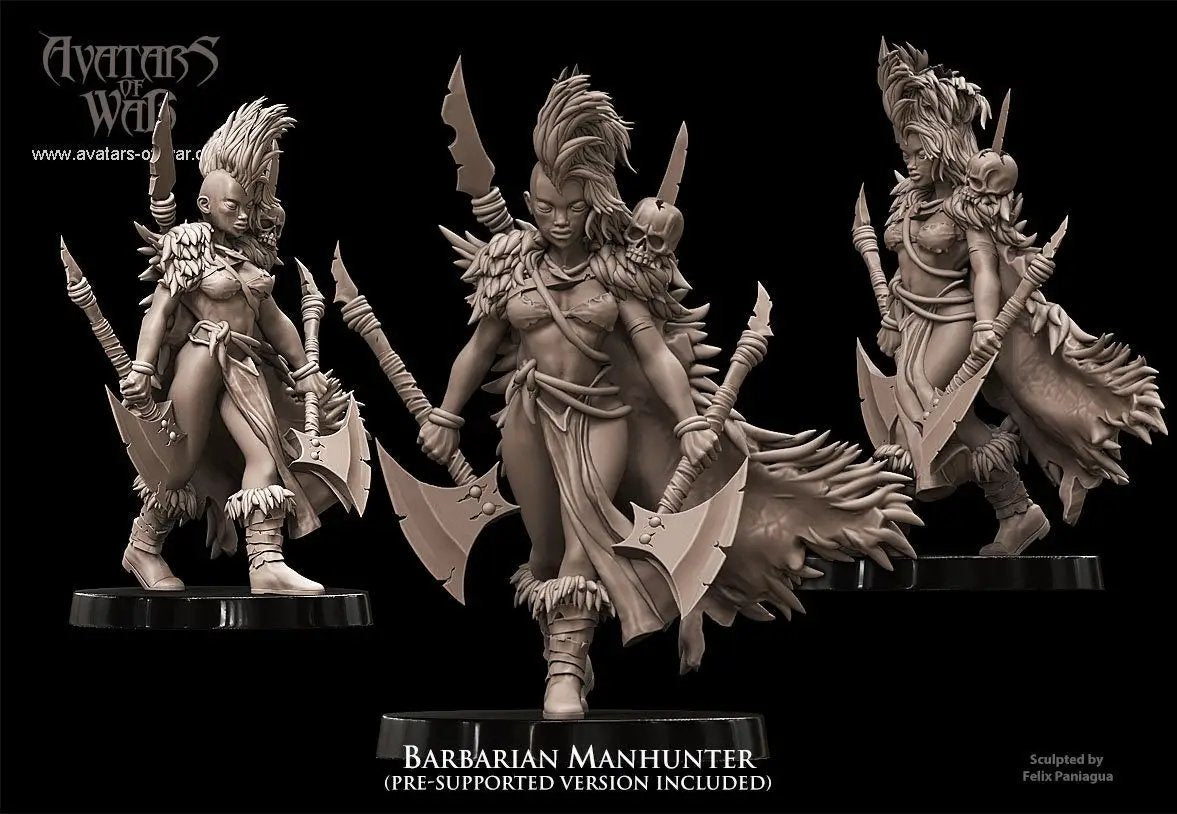 3D printed Barbarian Manhunter Champion model by Last Hope Miniatures for Avatars of War, featuring detailed warrior armor and fierce stance.