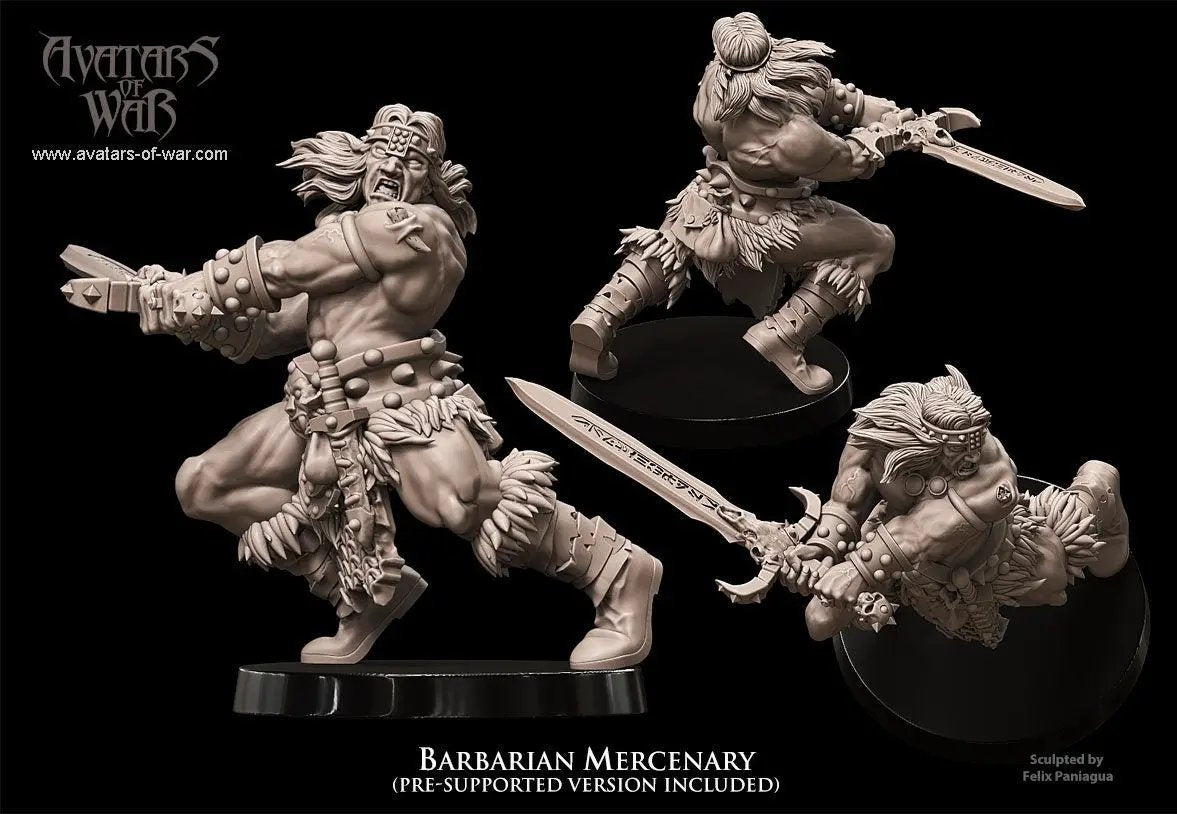 3D printed Barbarian Mercenary model by Avatars of War, detailed miniatures set by Last Hope Miniatures on a plain background.