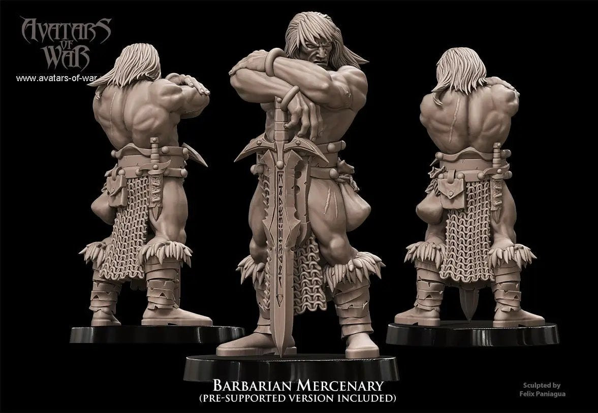 3D printed Barbarian Mercenary model by Avatars of War, detailed miniature figure for tabletop gaming, presented by Last Hope Miniatures.