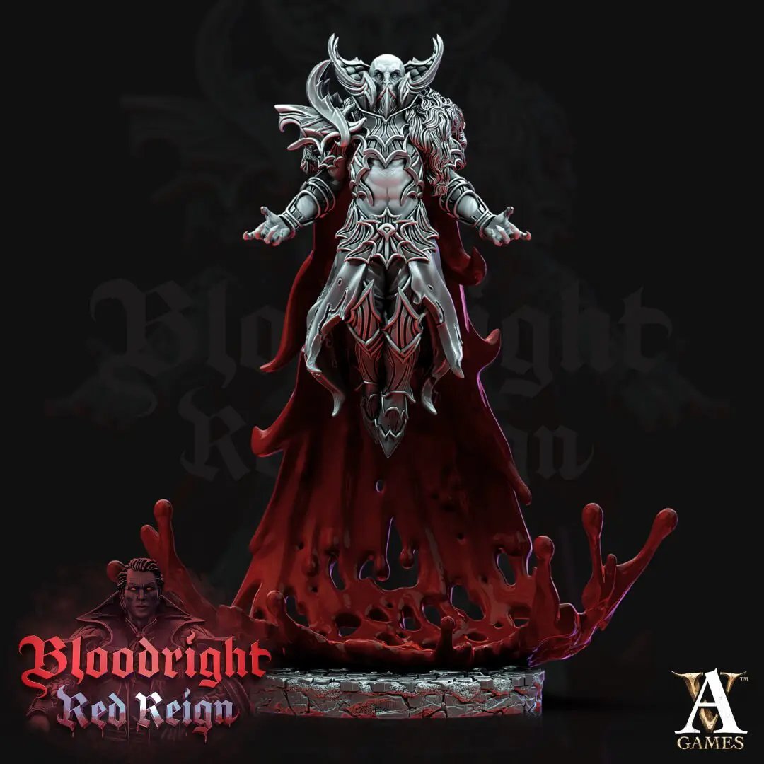 3D Printed Bloodcloak model by Last Hope Miniatures for Archvillain Games, featuring detailed blood-red cloak and intricate armor design.
