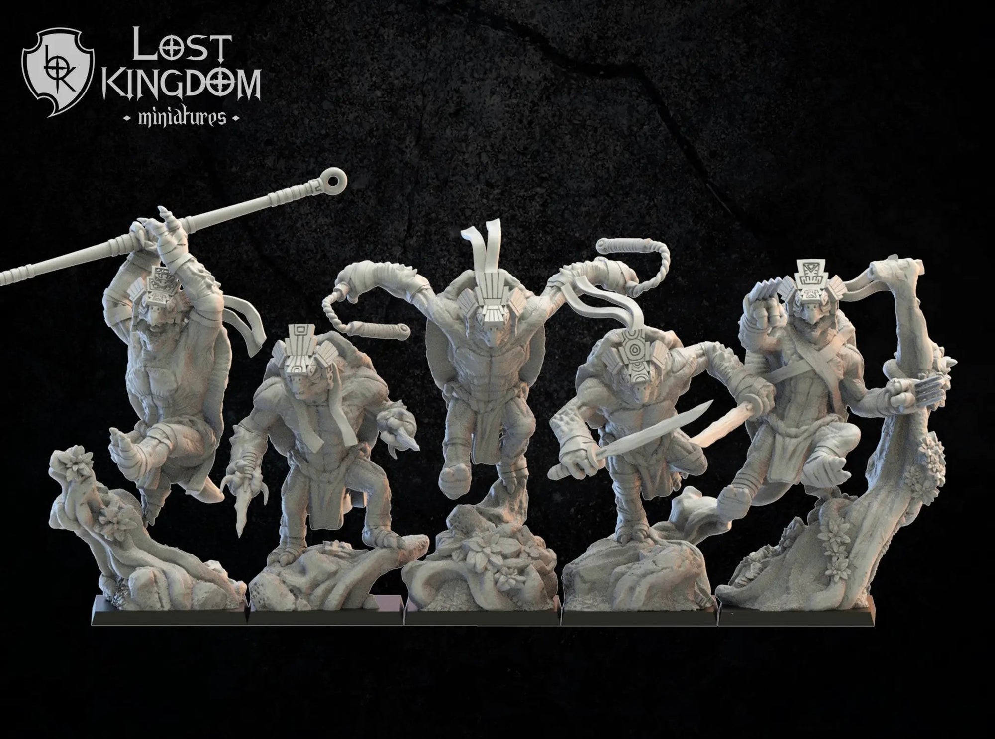 3D printed Cowabunga Ayotl Squad x5 miniatures by Lost Kingdom Miniatures, detailed models for tabletop gaming or display.