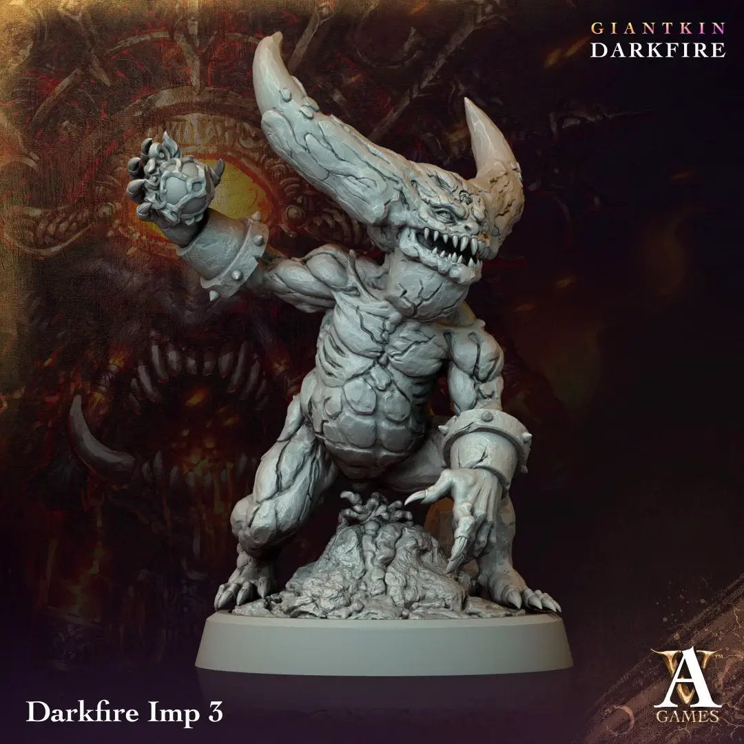 3D printed Darkfire Imp model by Last Hope Miniatures for Archvillain Games, featuring detailed dark fantasy creature with intricate textures.