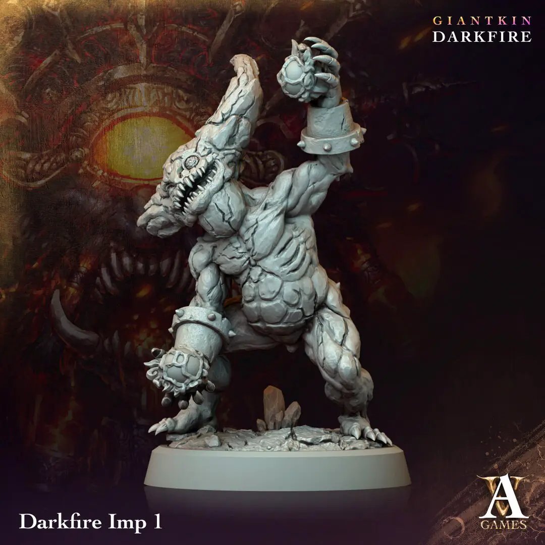 3D printed Darkfire Imp model by Last Hope Miniatures for Archvillain Games, detailed dark-colored fantasy creature figure.